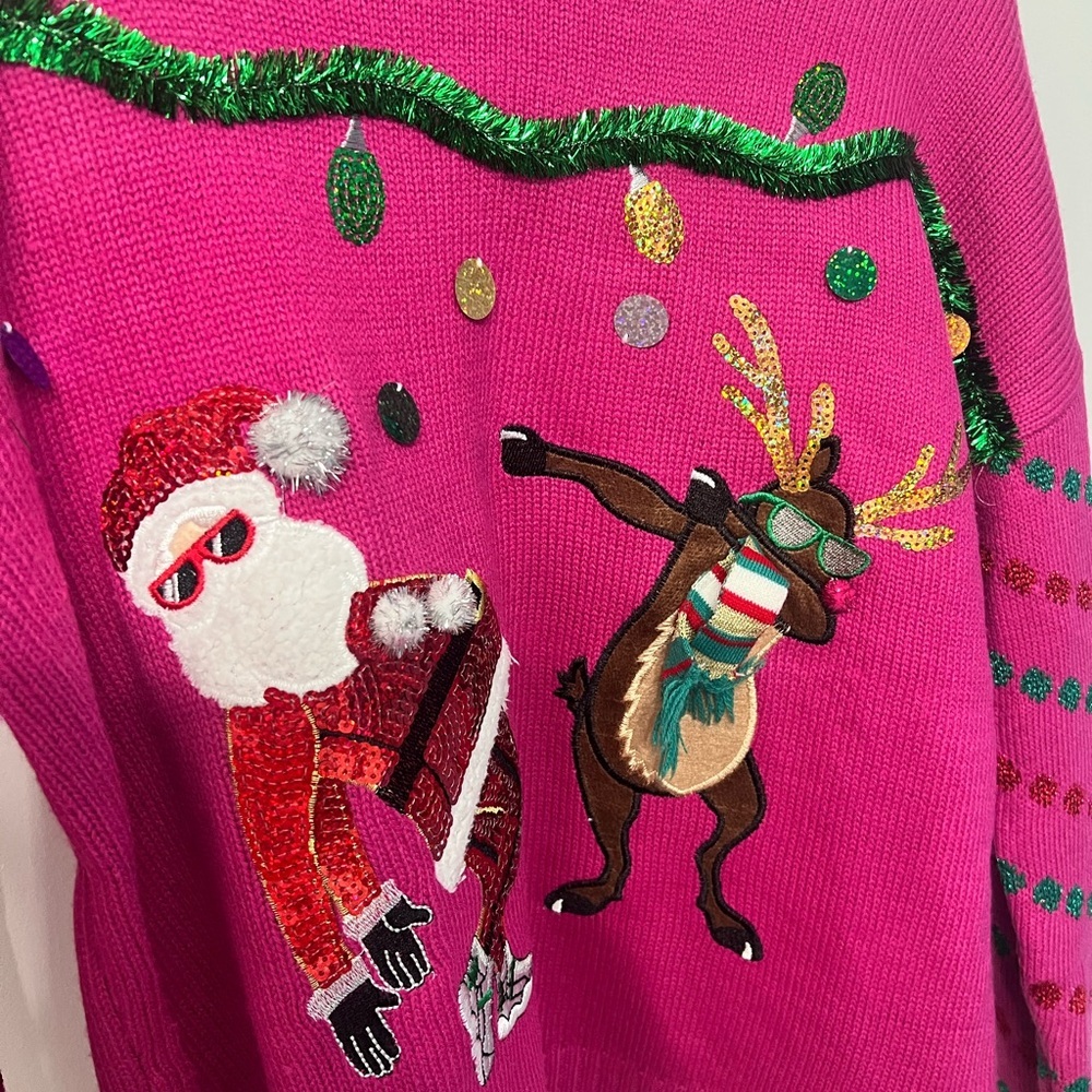 Festive Pink Christmas Sweater with Santa and Reindeer Design - Picture 5 of 8
